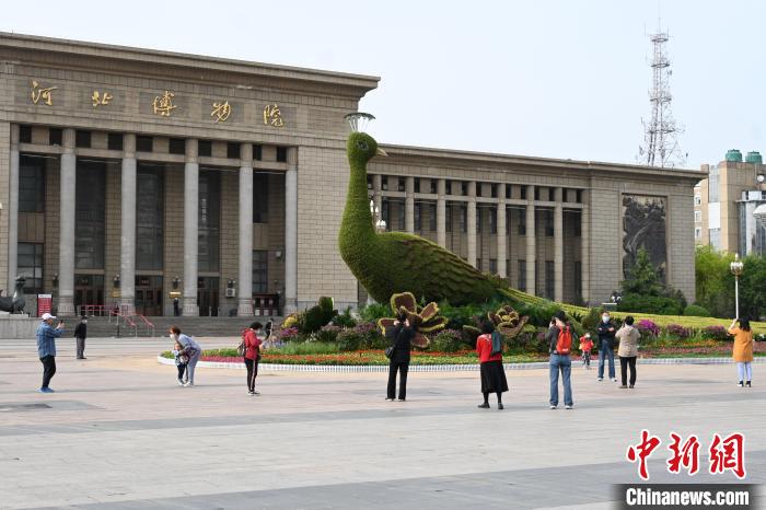 圖為游客在花壇前拍照打卡。　翟羽佳 攝