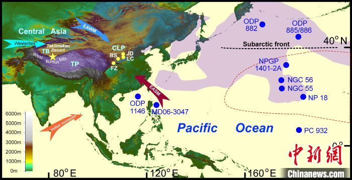 塔里木沙塵傳輸至北太平洋的路徑(陰影區(qū))及西昆侖山黃土巖芯位置(五角星)?！≈锌圃呵嗖馗咴?供圖