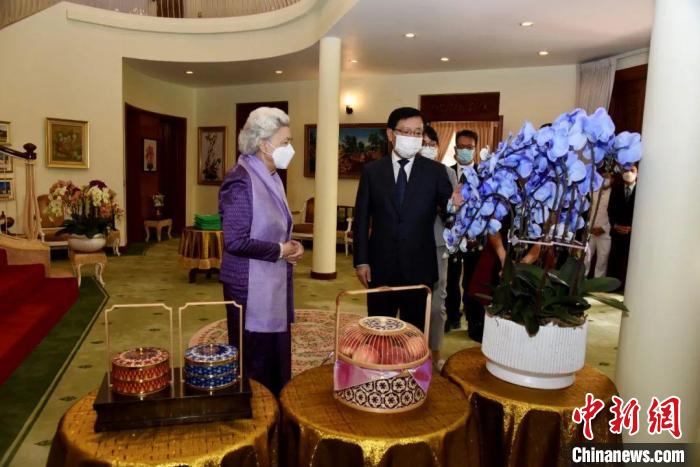 王文天大使介紹中國(guó)傳統(tǒng)工藝品及云南的蘭花和鮮果。　中國(guó)駐柬埔寨大使館微信公眾號(hào) 攝