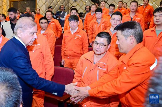 4月1日，在巴基斯坦西北部開伯爾-普什圖省達(dá)蘇，巴基斯坦總理夏巴茲（左）同達(dá)蘇水電站項目中方員工握手。新華社發(fā)（巴基斯坦新聞與廣播部下轄媒體信息部門供圖）