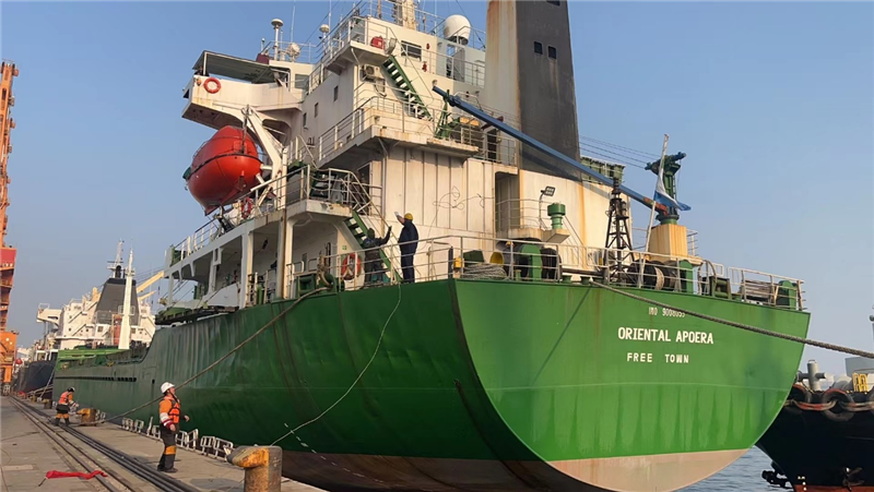 中蘇海運直航貨輪靠泊蘇里南碼頭。中國駐蘇里南大使館供圖