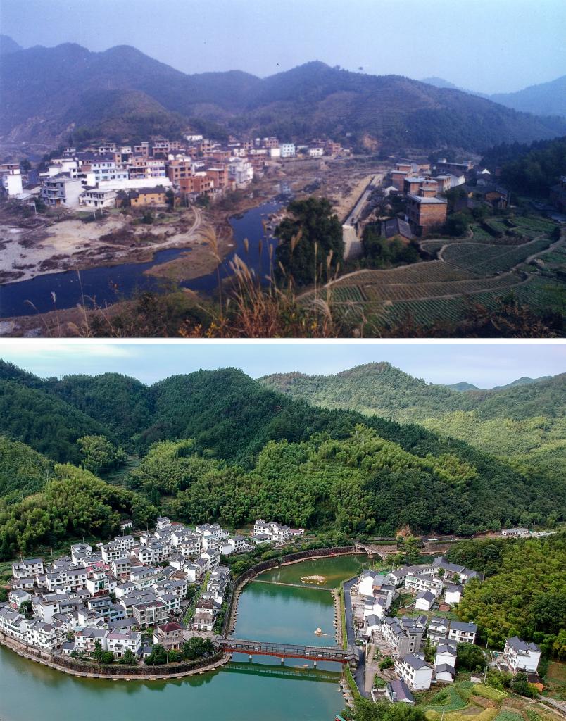 圖為浙江省杭州市淳安縣楓樹嶺鎮(zhèn)下姜村拼版圖，其中上圖為資料照片、下圖由新華社記者張鋮攝。