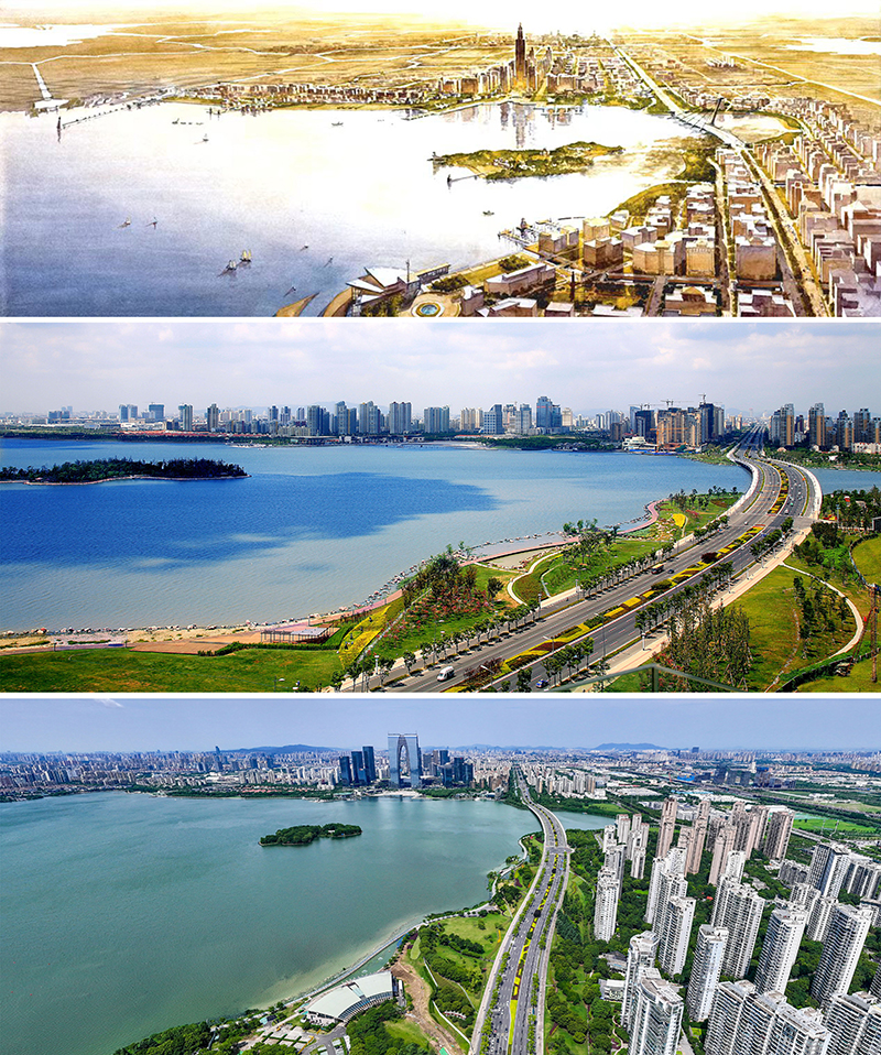 拼版照片：上圖為1994年繪制的蘇州工業(yè)園區(qū)手繪規(guī)劃圖；中圖為2007年拍攝的蘇州工業(yè)園區(qū)；下圖為2023年7月4日用無人機(jī)拍攝的蘇州工業(yè)園區(qū)。