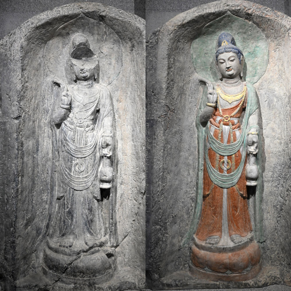 左圖為龍門石窟萬佛洞窟前南壁菩薩造像的3D打印模型；右圖為利用數(shù)字化技術(shù)復原后的3D打印模型（2025年4月10日攝，拼版照片）。復原后的像龕精妙絕倫，栩栩如生，被游客譽為“龍門最美菩薩”。圖片來源新華社