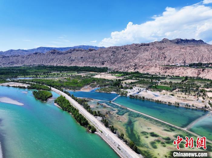 航拍貴德縣黃河岸畔綠意盎然。　馬銘言 攝