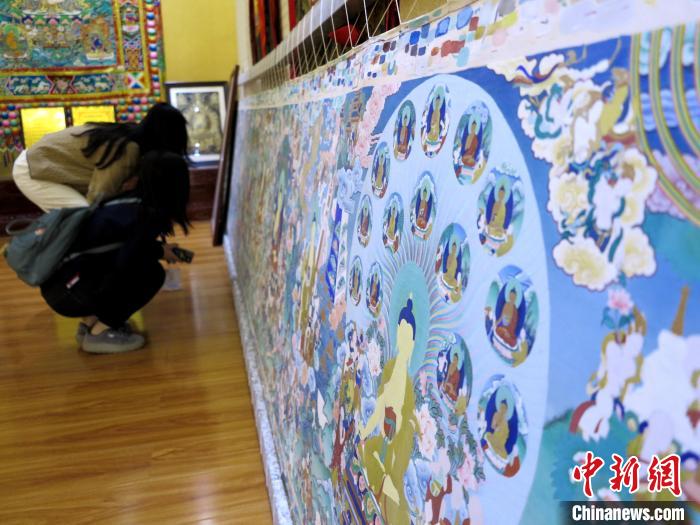 圖為民眾參觀半成品的唐卡?！?zhí)砀?攝