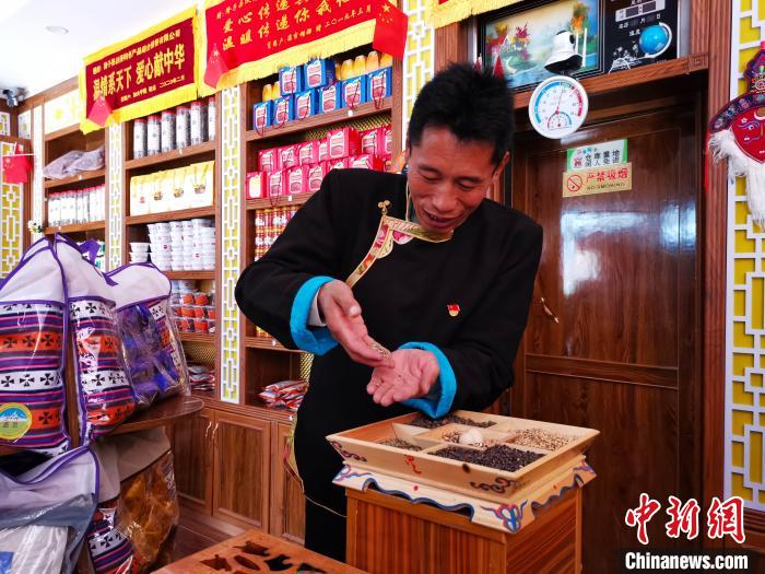 圖為洛桑旦增介紹青稞的功效。　張偉 攝