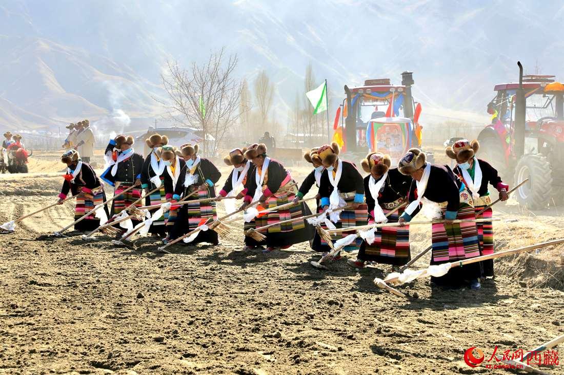 當?shù)卮迕裆碇?jié)日盛裝，舉行春耕儀式。人民網(wǎng) 次仁羅布攝