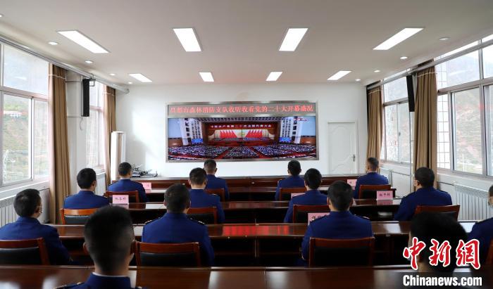 圖為西藏昌都市森林消防支隊(duì)收看二十大開幕直播?！⌒焖寂?攝